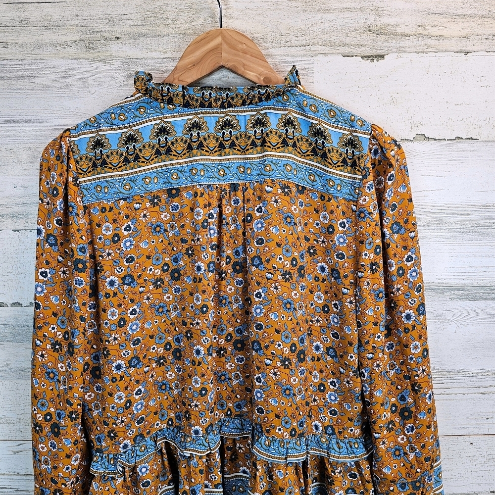 Current Air Boho Folk Floral Ruffle Neck Peasant Blouse Medium Tiered Hem - Picture 9 of 15